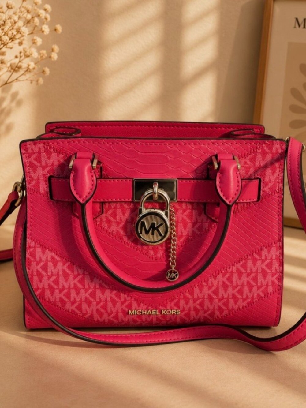 Michael Kors Hot Pink Signature Satchel with MK Charm with key